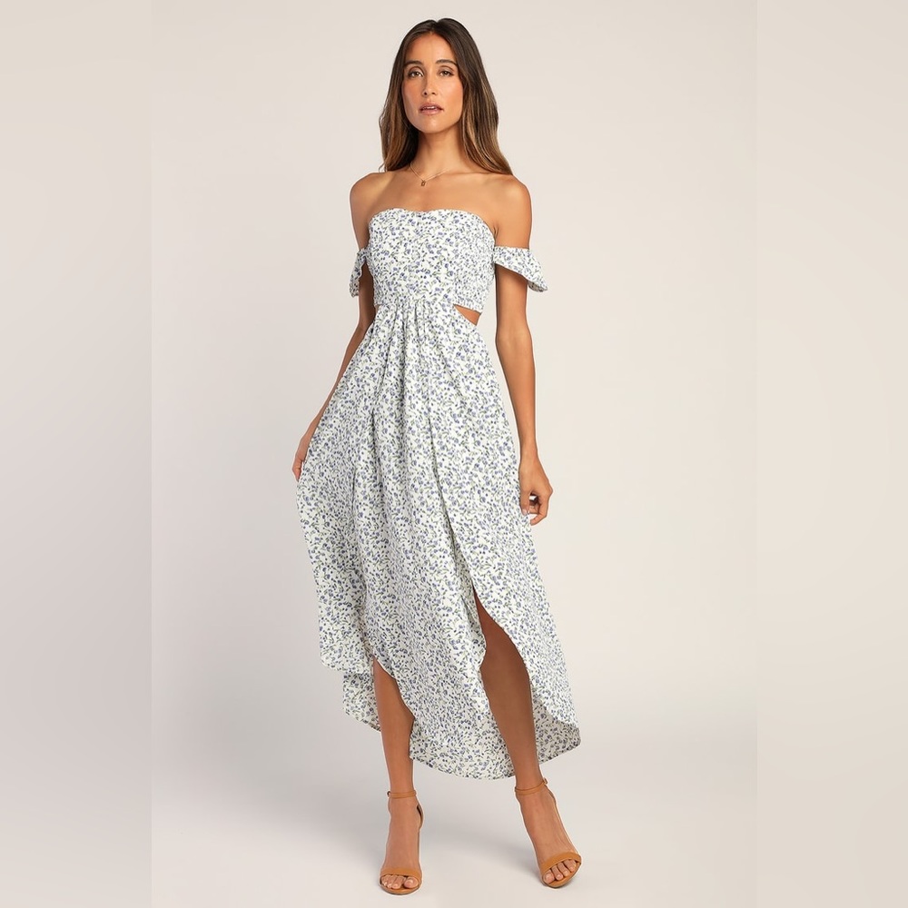 Lulu’s Easy on the Eyes White Floral Print Off-the-Shoulder Maxi Dress
